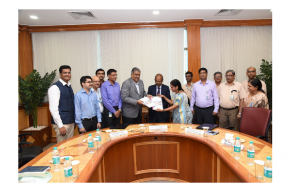 Signing of TCA by Mr. Jitendra J Jadhav, Director, CSIR-NAL and Mrs .Anandi Ramalingam, Director (Marketing), BEL in the presence of Mr.Gowtama M V, CMD BEL.